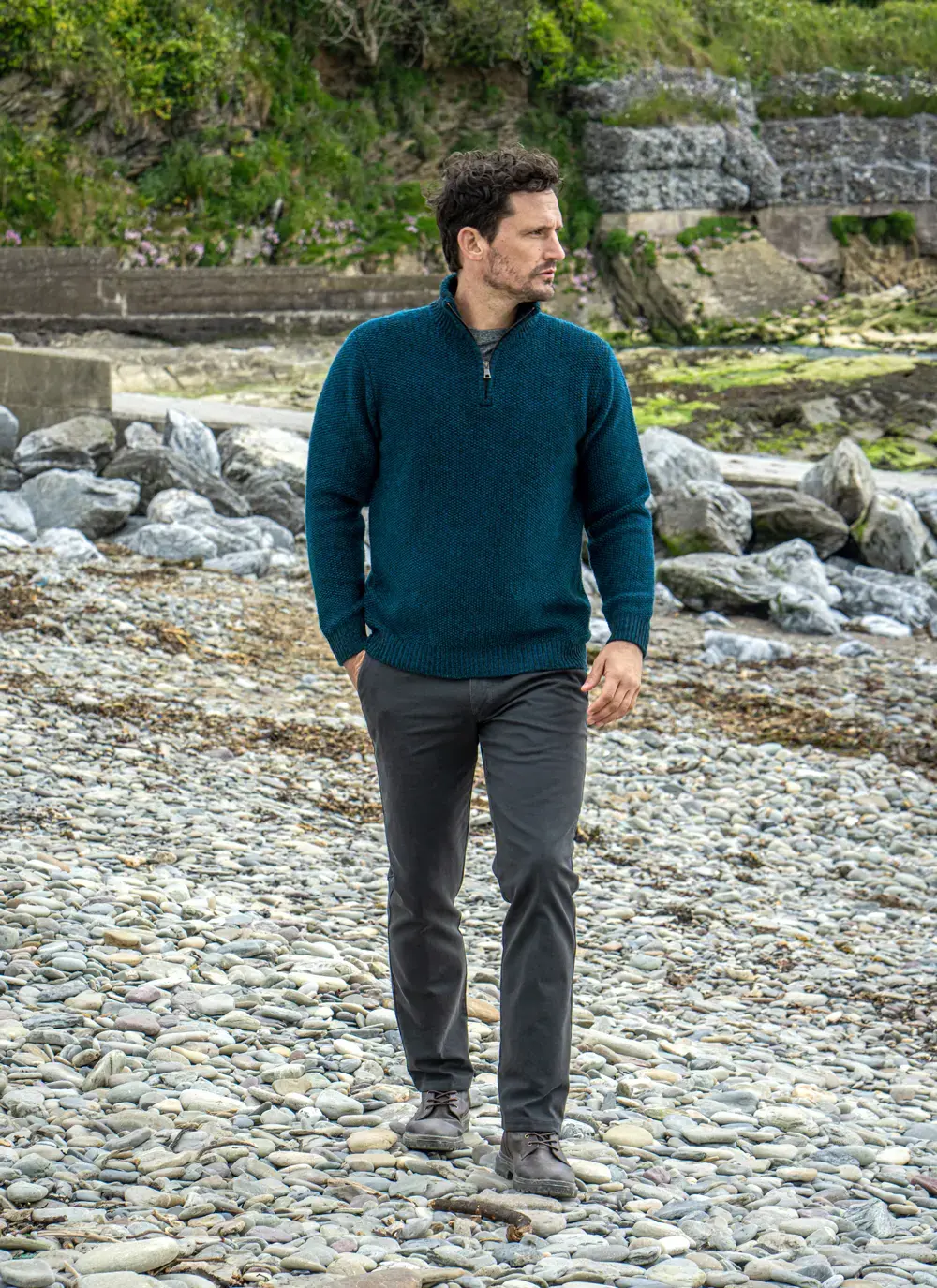 Fisherman Lambswool Seed Stitch Zip Neck Sweater in Petrol | Blarney